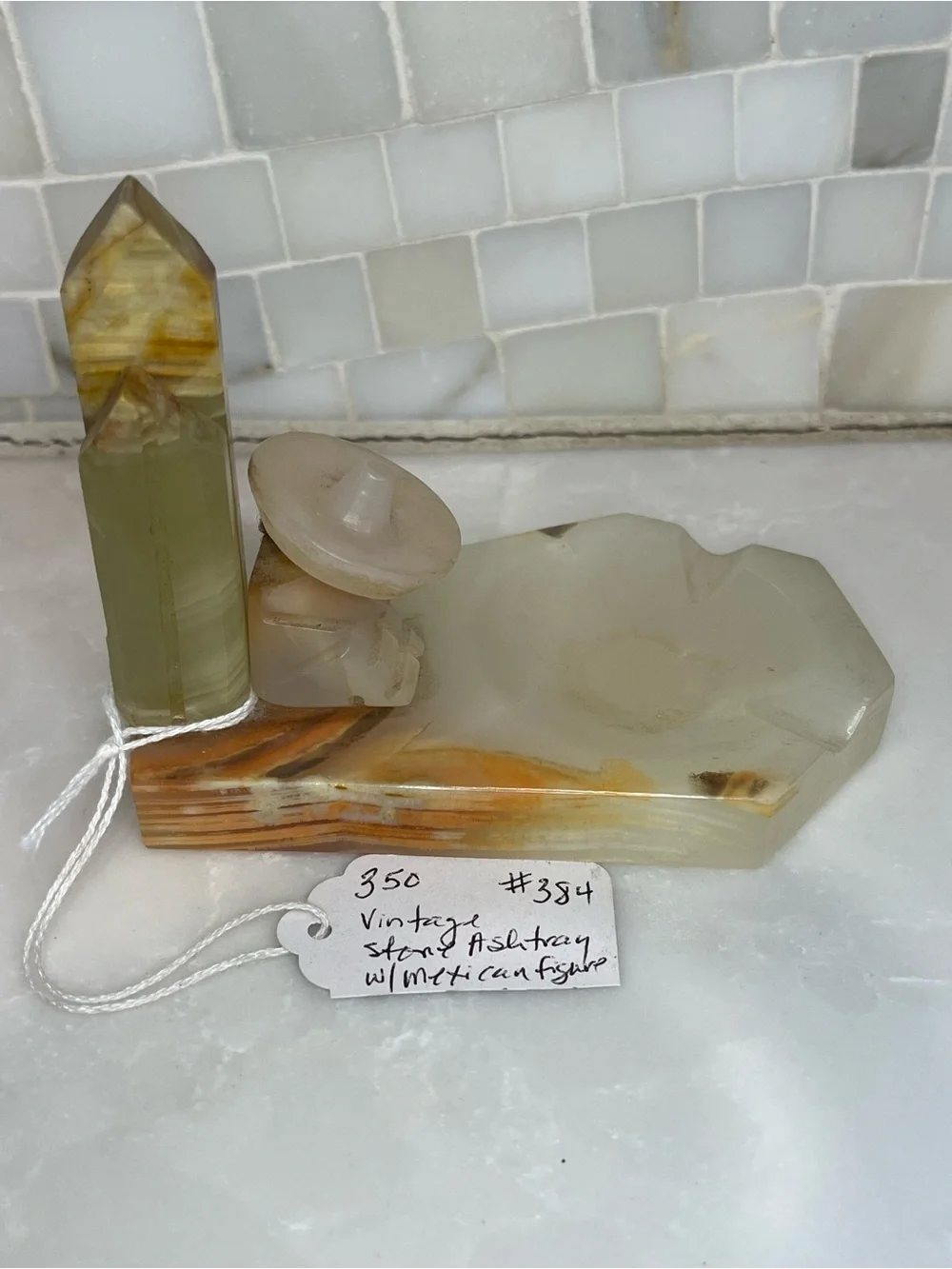 Vintage Mexican Green Onyx Ashtray & Figurine Set Mid Century Siesta Man Burro